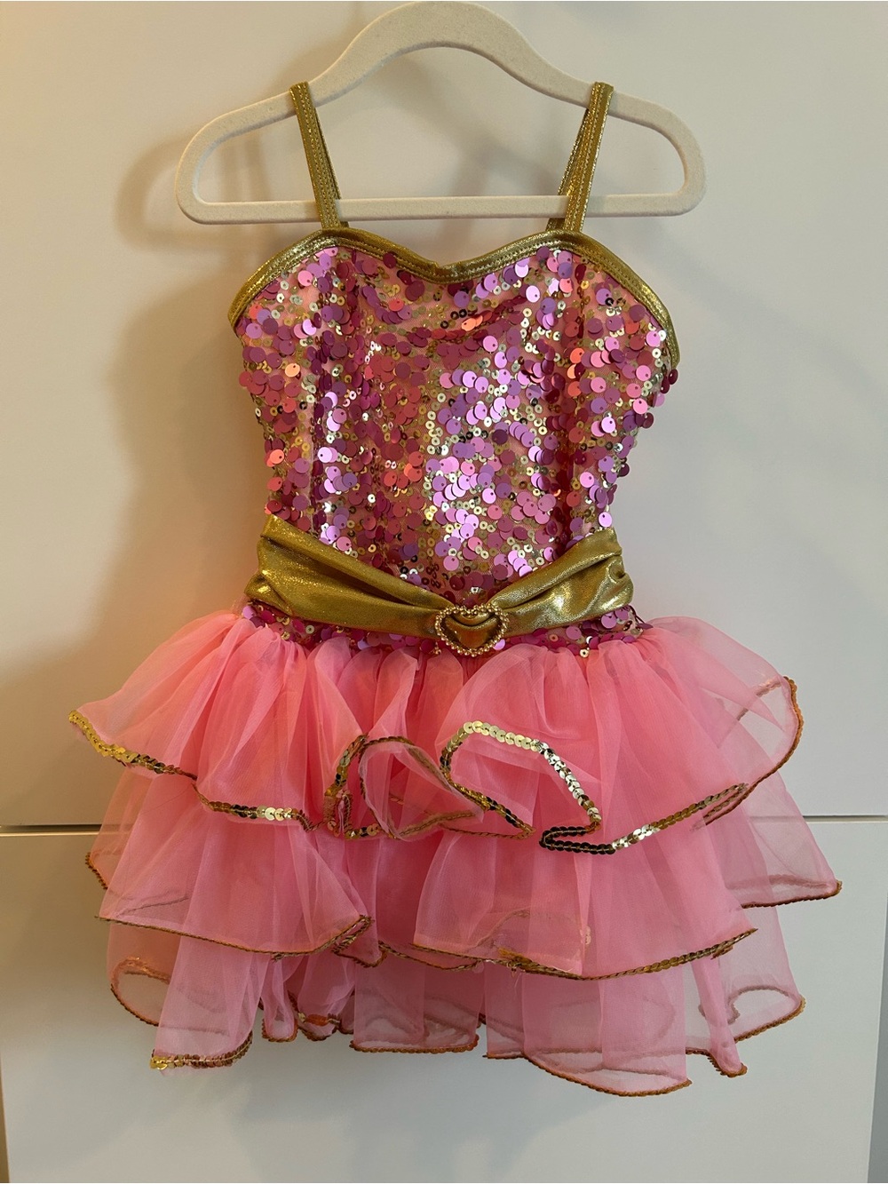 Pink Sequin Tulle Kids Dance Costume with Gold Accents - Childs Small